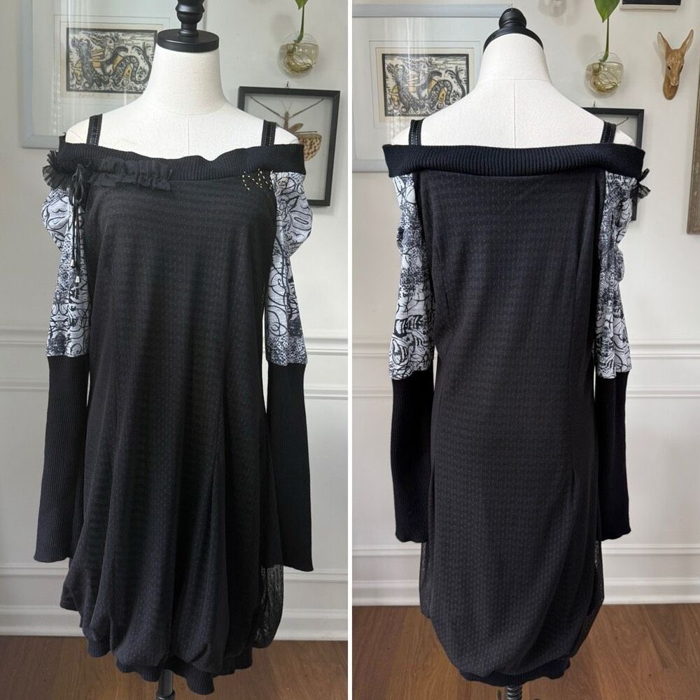 Tricotto Mesh Bubble Hem Mixed Material Tunic Dress Artsy Steampunk Wearable Art